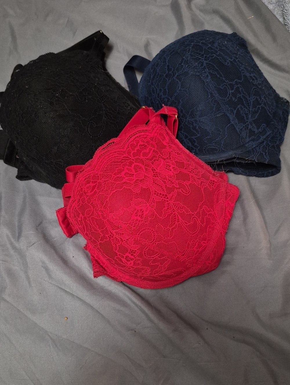 Lace Push-Up Bra with Floral Overlay - Red, Navy, Black